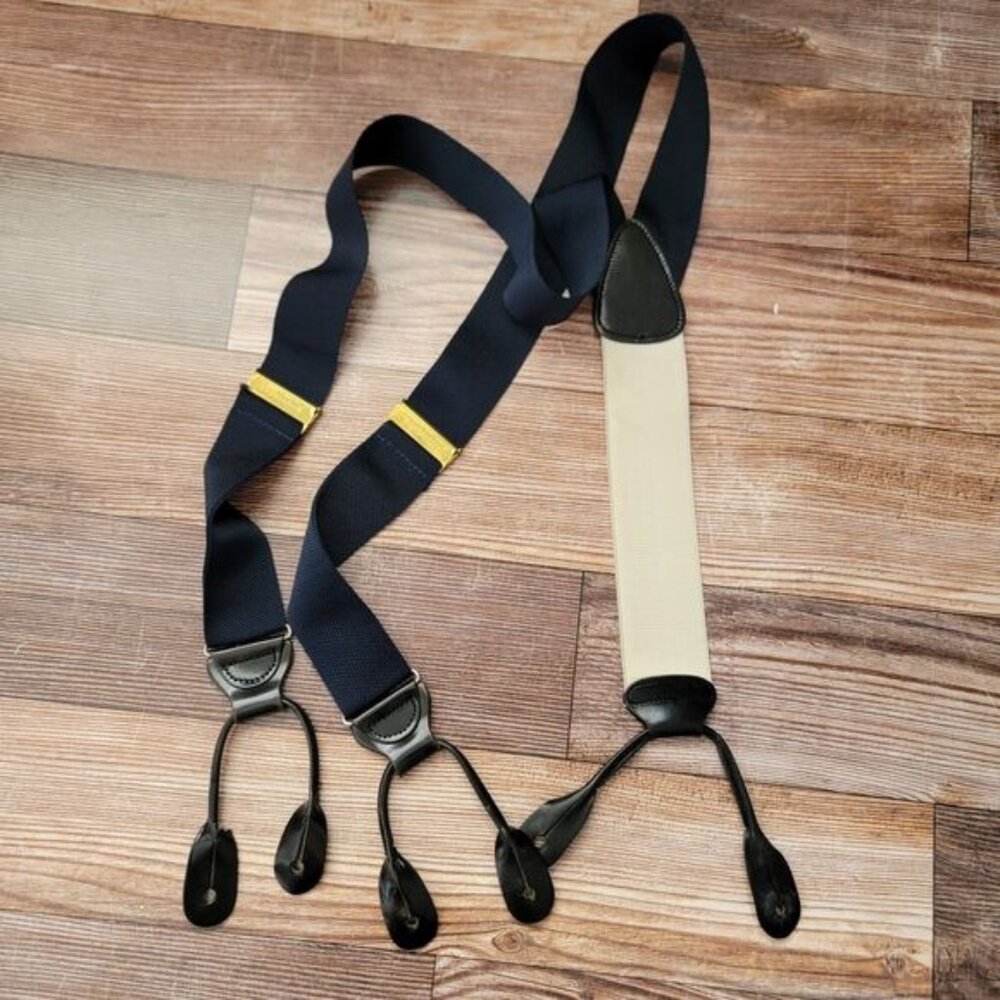 Trafalgar Suspenders Navy Ivory Ribbon Leather Button Style Adjustable